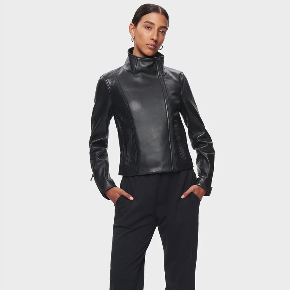 Women's Asymmetrical Leather Jacket with black hardware